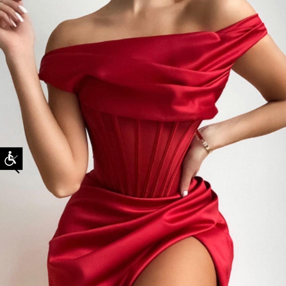 House of CB — LULU RED ASYMMETRIC DRAPE MIDI CORSET DRESS